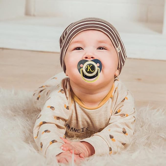 Bling Personalized Black Baby Pacifier with Pacifier Clips and Anti-dust Cover A-Z 26 Letters(Black,K)
