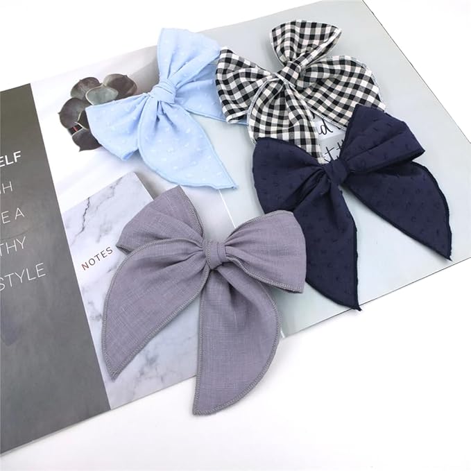 Pack of 4 Gorgeous Fable Bow Hair Clips for Girls Women Linen Hair Bow Alligator Clips Toddler Baby Mom Young Girl Hair Accessories (Grey/Navy)
