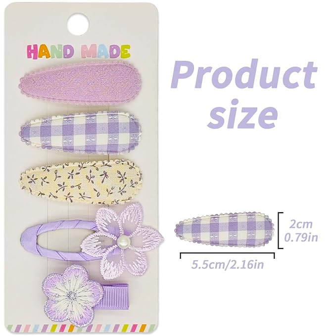 Safe Baby Hair Clips for Girls Toddler, 5Pcs Pastel Purple & Lavender Set with Hand-Embroidered Flowers & Pearl – 4 Snap Clips + 1 Fully Wrapped Alligator Clip, Non-Slip Barrettes for Newborn Infants