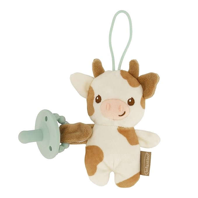 Infantino Snuggle & Soothe PaciPal - Soft Fabric Pacifier Pal with Premium Silicone Pacifier for Baby's Comfort and Self-Soothe, Cow