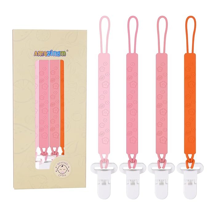 One Piece Design Silicone Pacifier Clip Holder for Baby Boys and Girls,Pack of 4 Flexible Paci Leash,Binky Clips,Newborn Essentials (Flowers & Leaves, Pink)