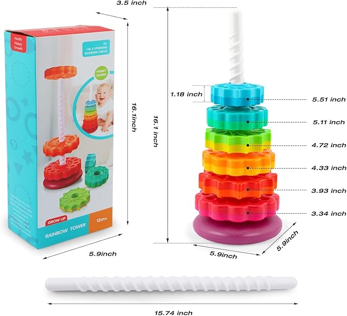 Baby Spinning Stacking Toys Sensory Toys for Toddlers 1-3, Rainbow Ring Spin Montessori Toys for Babies 12 Months, Autism Learning Toy for 1 2 3 One Year Old Girl Boy Christmas Birthday Gifts