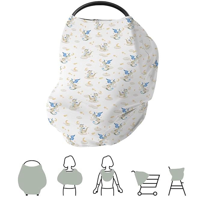 Fantasy Dragon Car Seat Cover for Baby Fairytale Dragons Moon Stars Clouds Trees Stretchy 5-in-1 Cover Adjustable Car Canopy Cover Myth Animal Breathable Nursing Cover-Up
