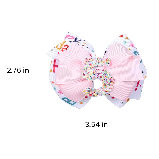 2pc Happy Birthday Ribbon Hair Bow Clips Barrettes,3.5" Glitter Pink Sprinkle Alligator Hairpins for Girls Teens Toddlers Kids 5th Birthday Party Dress Accessory Gifts
