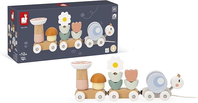 Janod Snail Train - 2 Wagons and 10 Pieces Including Removable Rattle - Pull Toy - Wood and Water Painting - Develop Fine Motor Skills - from 12 Months, J04010, Multi-Coloured