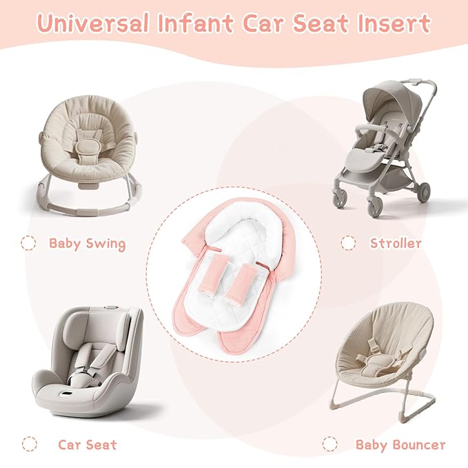 Pea Pod Upgraded 2-in-1 Baby Car Seat Insert Cushion Pad, Extra Soft Infant Car Seat Head Support for Newborn, Perfect for Carseat, Stroller, Swing, Bouncer, Pink
