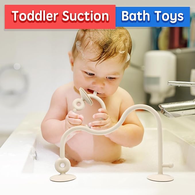 Baby Sensory High Chair Suction Toys for Infant Toddlers 12 18 Months, Food Grade Silicone String with Oak Loop Montessori Educational Parent-Child Baby Bath Toy Gift for Birthday Easter (Beige)