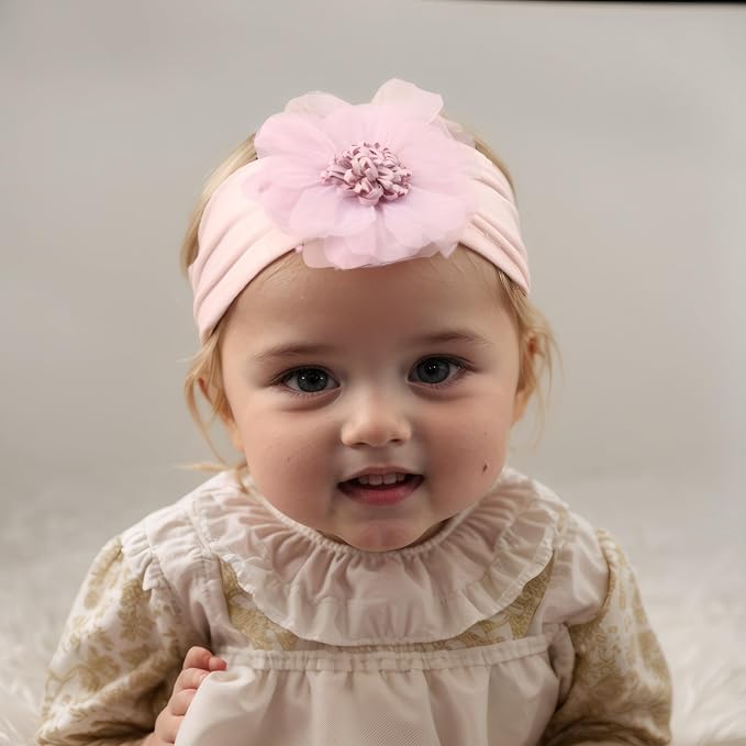 Large Flower Elastic headband for Baby Girl Infant Soft Fabric Chiffon Floral Hairband Toddler Newborn Christening Baptism Hair Accessories (Flower 2 - Purple, Elastic)