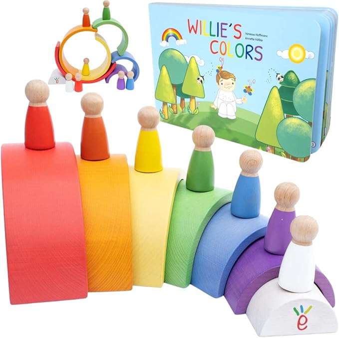 Montessori Wooden Rainbow Nesting Toy: Open-Ended Wooden Stacking Set with Arches, Peg Dolls & Story Book for Emotional Intelligence & Creative Play | Ages 3+ | 16 pcs | Premium Beechwood