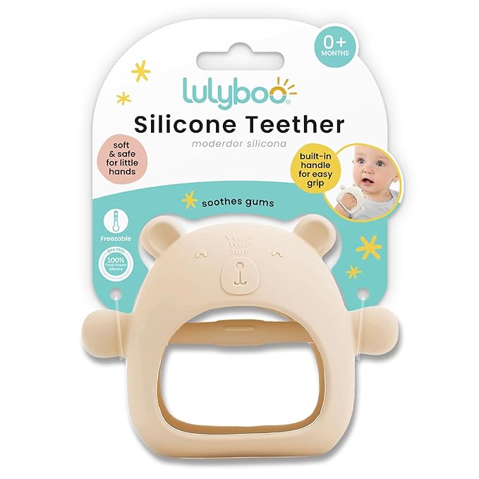 Lulyboo Silicone Teething Baby Bear, Soft and Durable Easy Grip Teether, Self Soothing Pain Relief for Teething, 0-12 Months (Ivory)