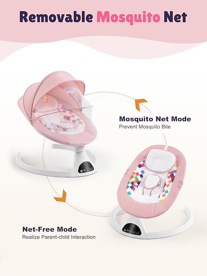 Baby Swing for Infants - Electric Portable Bluetooth Baby Rocker with 5 Speeds, 5-Point Harness, Remote Control, Timing & Music Speaker Max 20 Lbs (Pink)