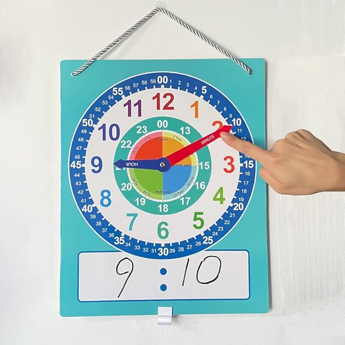 Richardy Telling Time Write & Wipe Teaching Demonstration Clock Learning Clock for Analog and Digital Time Labelled Minute & Hour Hands Kids Montessori Learning Toys