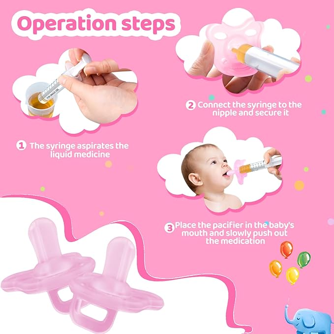 Baby Medicine Dispenser, Baby Medicine Syringe, 0 Months and up Baby Pacifiers, 100% Silicone Pacifiers, BPA-Free (Pink, Model 1)