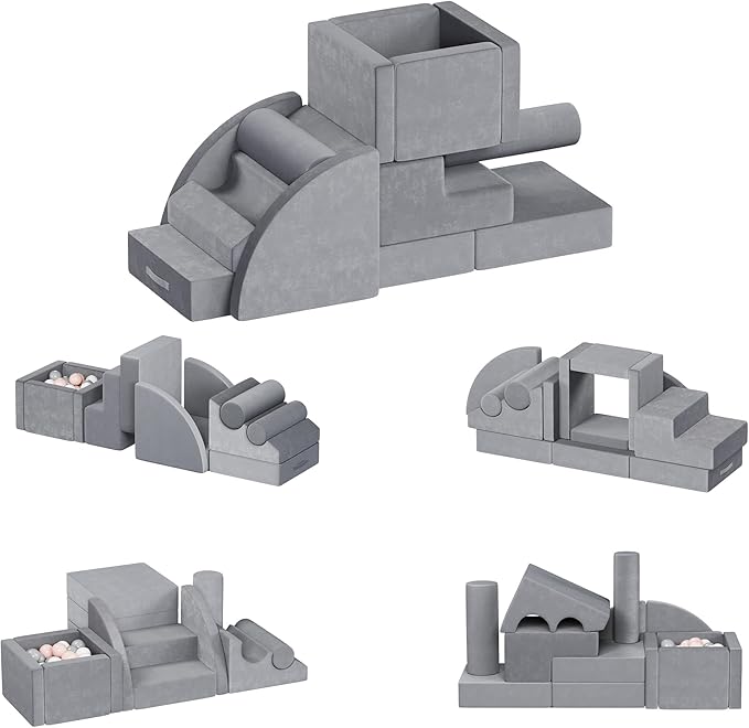 smilesun 12 PCS Foam Climbing Blocks for Toddlers with Ball Pit, Safe Soft Play Gym Set,Baby Kids' Indoor Playground Foam Blocks for Crawling, Climbing Motor Skills Development(Gray)