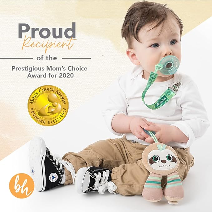 BooginHead by Infantino Pacifier Holder Stuffed Animal and Baby Pacifier Clip, Green Sloth