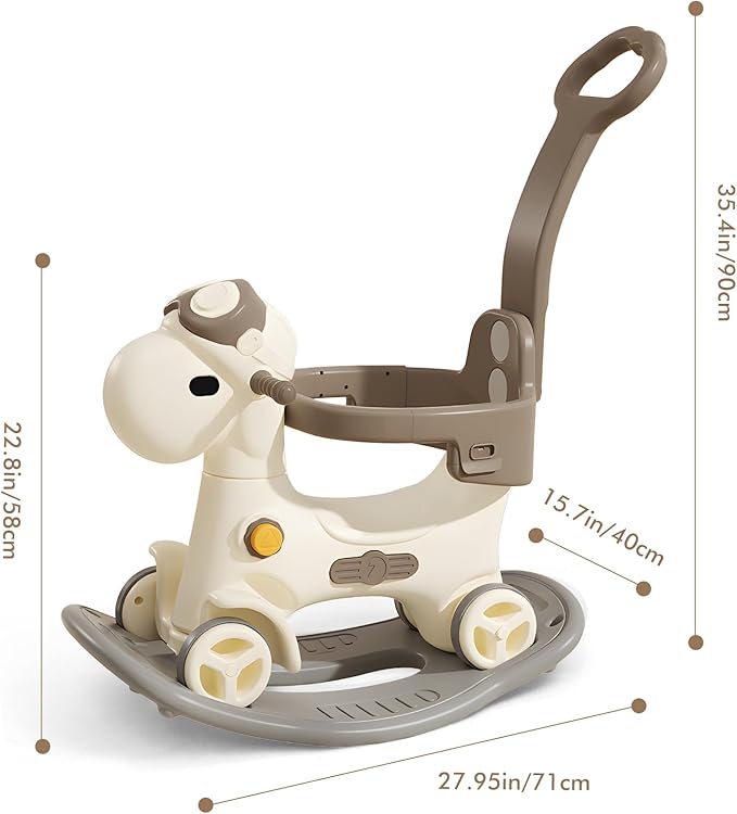 4 in 1 Rocking Horse for Toddlers 1-3 Years Old, Baby Rocking Toy Fun Birthday Gift for 1+ Kids, Ride on Toy with Guard Rails, Detachable Balance Board and Footrest with Push Handle (Brown)