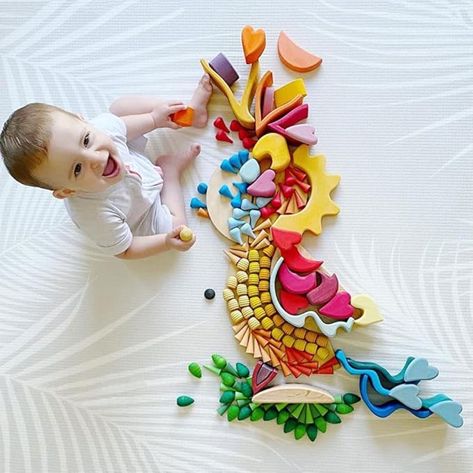 Candywood Large Set Full Rainbow Color Style Wooden Loose Parts Sensory Play Toys, Mandala 7 Shapes, 27 Colors, Stacker Nesting Toys Parts(81 PCS)…