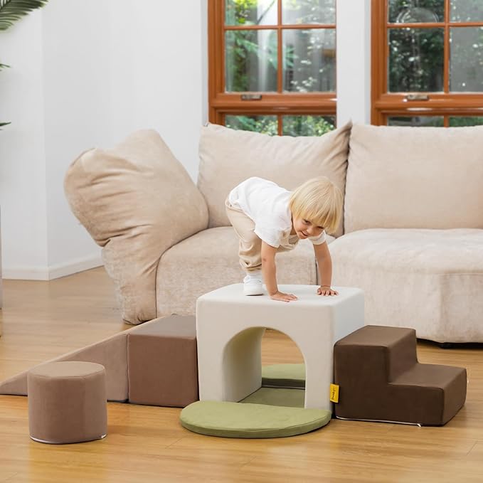 BanaSuper Kids Climbing Foam Blocks Playset - 7 Piece Toddler Climbing Toys, Indoor Gross Motor Development Montessori Gross Motor Toy for Babies & Toddlers (Grey)