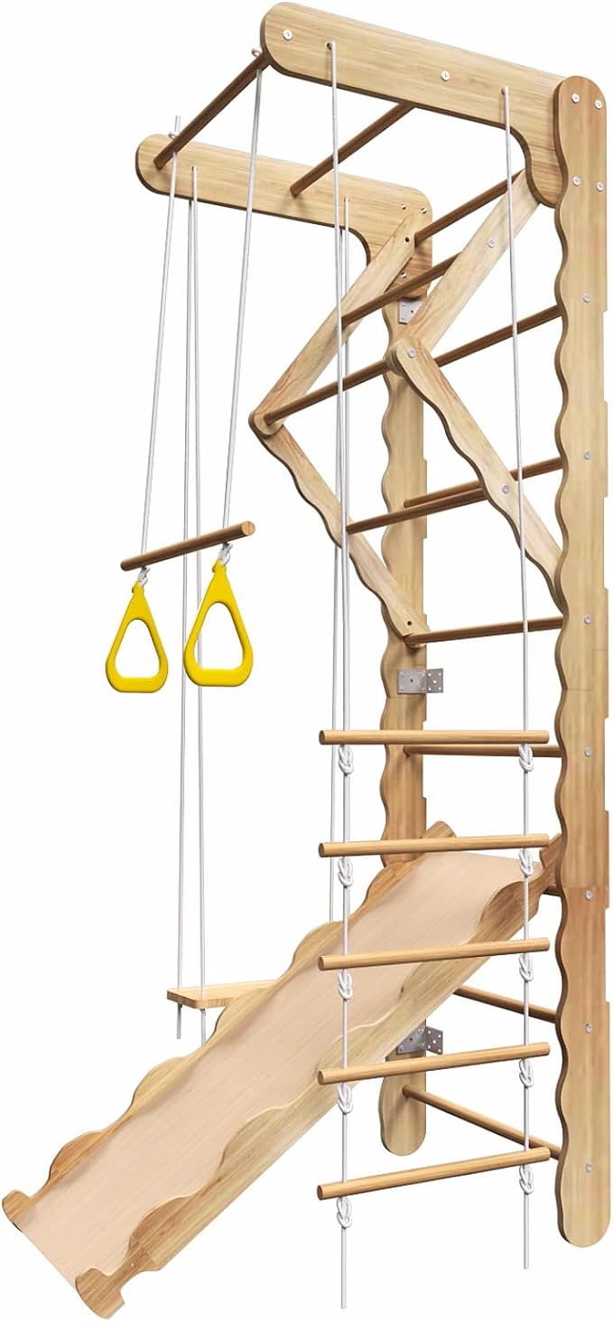5-in-1 Indoor Playground Swedish Ladder Jungle Gym with Swing,Pull-Up Bar,Rope Ladder,Climbing Wall,Slide and Gymnastic Rings for Kids Ages 4-8