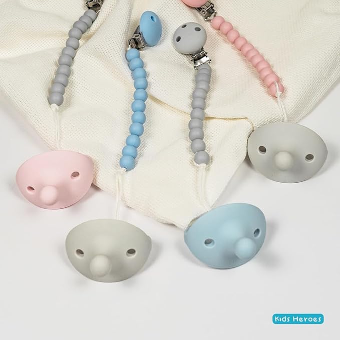 Kids Heroes Silicone Pacifier Holder Clip with One Piece Design for Baby, 2 Pack (Pink and Grey)