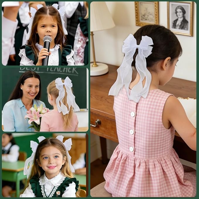 2Pcs White Ribbon Bow Hair Clips Flower Girl Long Layer Bow Barrette Alligator Clip Bridal Birthday First Communion Headwear Accessories for Baby Girls