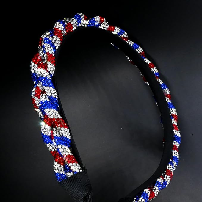 4th of July Rhinestone Headbands for Women Girls Stripes Twist Hairband for Girls Red Blue White Rhinestone Sparkle Head Band Patriotic Hair Accessories