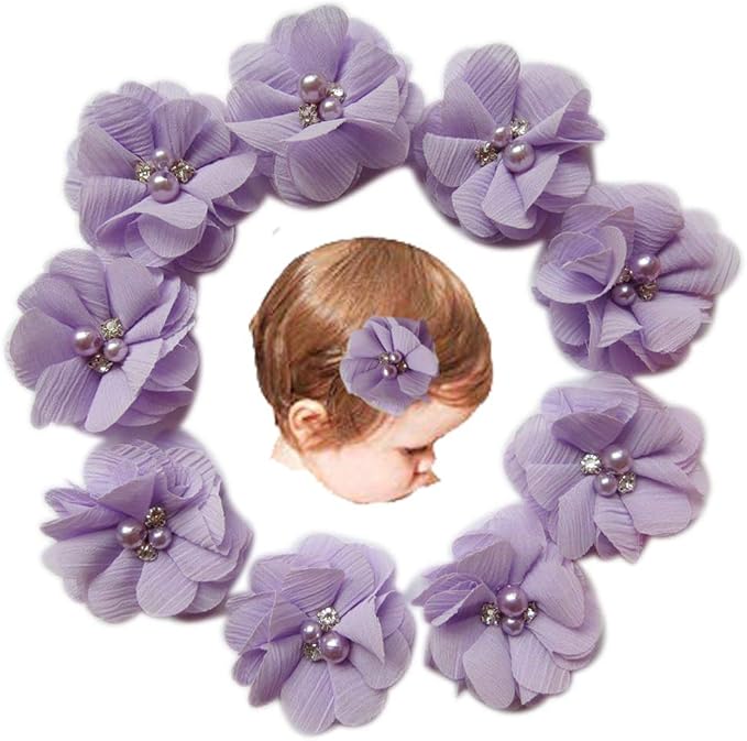 Baby Girls 2" Chiffon Flower Alligator Hair Clips with Rhinestones and Pearl,YYCRAFT Party Wedding Hair Bows Accessory for Kids Toddler Girls(Lavender,10pcs)