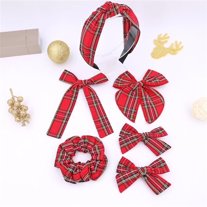 Sugarmelon Set of 6 Tartan Bow Hair Clips for Baby Girl and Mom Women Plaid Headbands Scrunchies Scottish Tartan Hair Bows for School Girls (6 pcs Tartan Red)