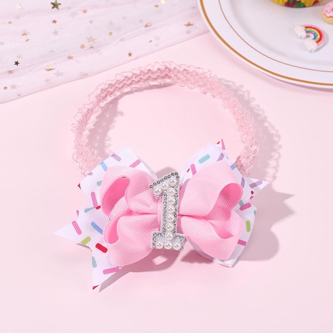 Hair Bows for Baby Girls Birthday - 1st Birthday Baby Girl Headband Sweet Theme with Ice Cream Party, Pink Hair Accessories for Baby Toddler 1 2 3 4 5 6 Years, Outfit & Decorations