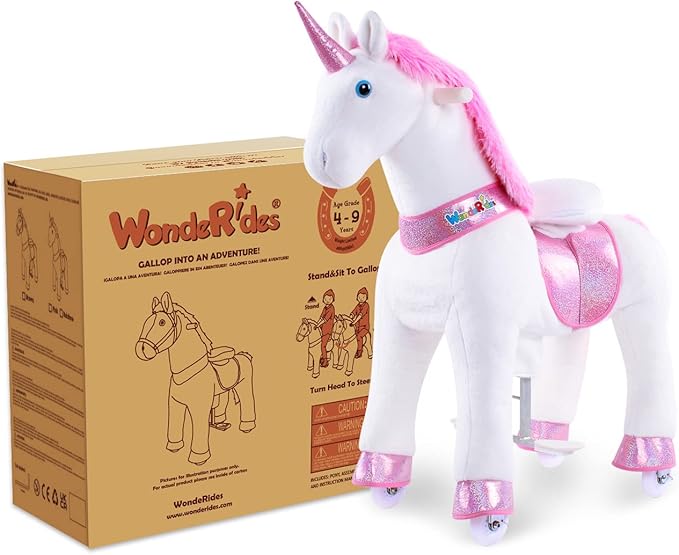 WondeRides Ride on Unicorn Pink Riding Horse Toys Size 4 for Age 4-9 Years, 36 inch Height Plush Riding Unicorn Pony Ride on Horse Toy Giddy up Rocking Mechanical Walking Animal with Wheels M431