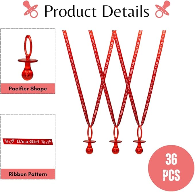 36 Pieces It's a Girl Baby Shower Pacifiers Necklace Acrylic Baby Party Favors Charm Pacifiers Necklace Baby Shower Party Decorations Table Scatter (Red)