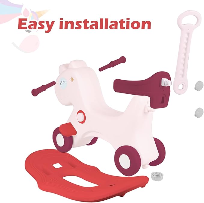 4 in 1 Rocking Horse for Toddlers 1-3 Years Old, Baby Rocking Toy Fun Birthday Gift for 1+ Girls, Ride on Toy with Detachable Balance Board and Footrest, Balance Bike with Push Handle, Pink