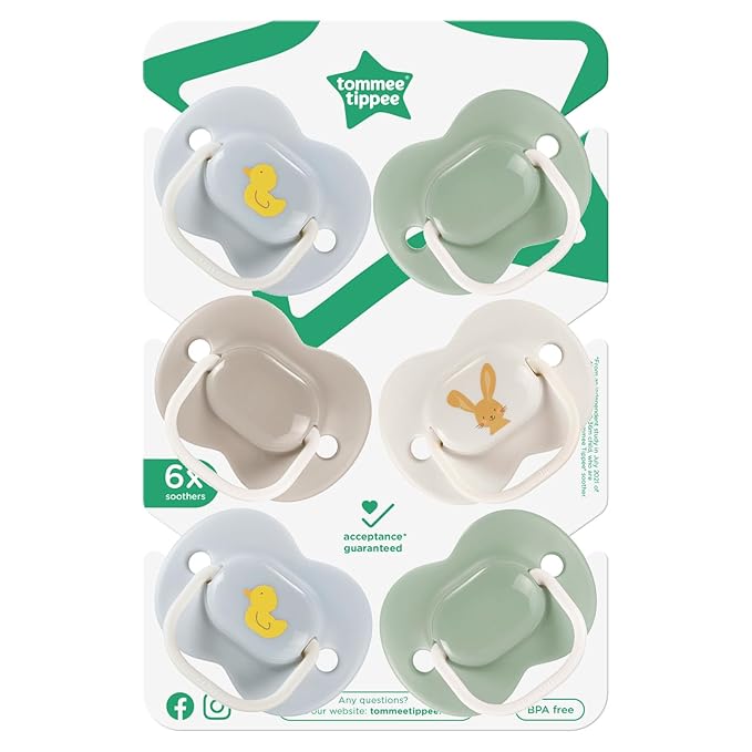 Tommee Tippee Anytime Matte Pacifiers, 6-18 Months, Symmetrical Baglet, BPA-Free Binkies, Blue, Green, and Brown, Pack of 6
