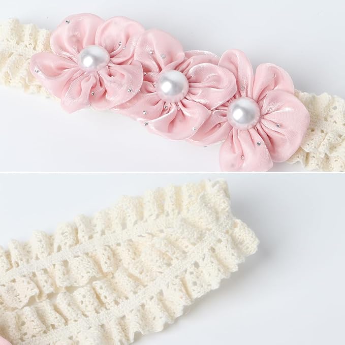 Handmade Baby Girl Headbands in Beige and Pink Lace Flowers for Newborns and Toddlers Cute Baby Girl Flowers and Newborn Headbands (Pink Pearl Flowers, One Size)