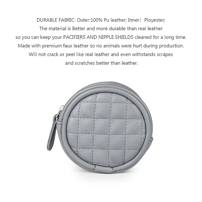 MOMIGO Pacifier Case Bag - Leather Pacifier Holder with Clip for Diaper Bag Stroller Purse Charm, Holds 2 Pacifiers Outdoor Travel (Grey)