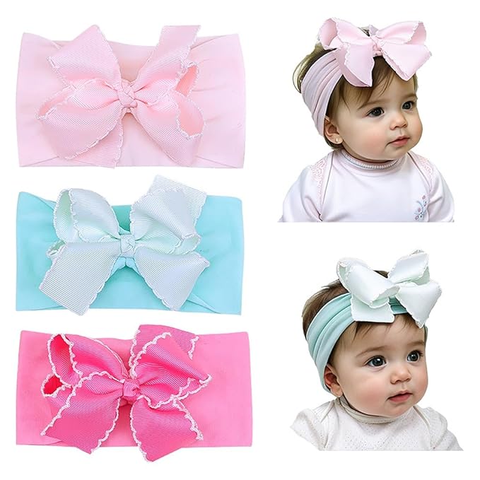 Baby Girl Soft Nylon Bow Elastic Headband Turban Toddler Infant Bow-knot Stretchy Hair Band Birthday Party Hair Bow Ribbon Accessories for Newborn Baby (Bow 1 - Rose pink, Elastic)