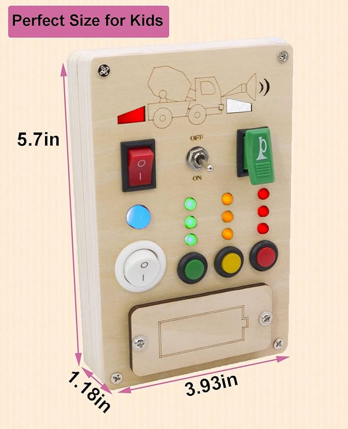 Busy Board Montessori Toys for 1 Year Old Led Button Push Toys Light Switch Preschool Learning Wooden Sensory for Toddlers 1-3 Baby Gifts Travel Fidget Toy (Vehicle Theme Light Toy)