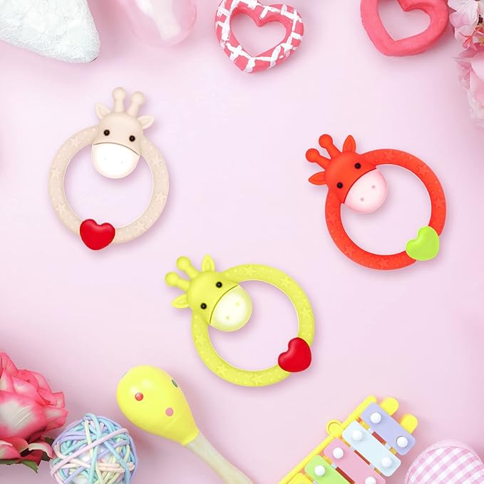 3 Pack BPA Free Silicone Giraffe Ring, Valentines Day Gifts Baby Teether, SHARE&CARE Heart Baby Teething Toys for 3 Months Above Infant Sore Gums Pain Relief, Women Gift for Mom, Wife,Her