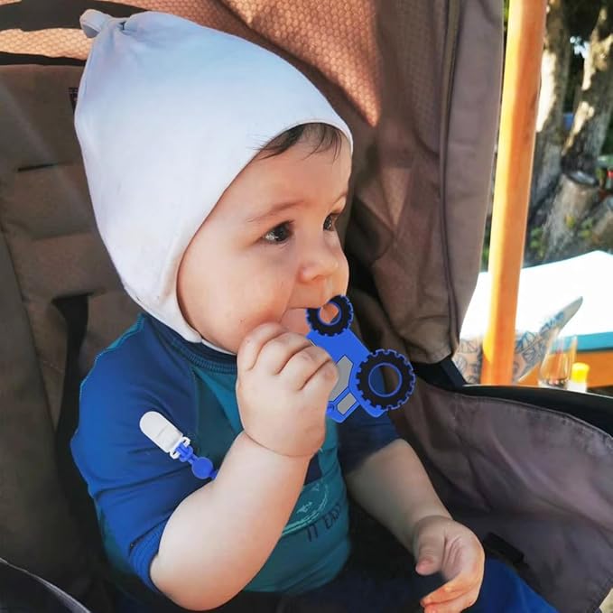 Baby Tractor Teething Toys,Food Grade Silicone Teether with One-Piece Pacifier Clip Holder,Highly Effective Pain Relief for 3 Months+ Boy and Girl,BPA Free,Freezer Safe. (Blue)