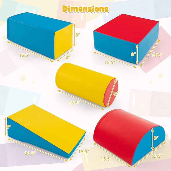 HONEY JOY 5-Piece Climb and Crawl Playset, Soft Climbing Foam Block Activity Play Structure Gym Equipment for Infant Baby, Color Coordination, Waterproof Indoor Climbing Toys for Toddlers (Red)