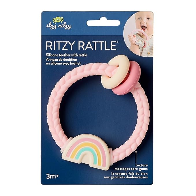 Itzy Ritzy Silicone Teether with Rattle – Rattle Teether Features Rattling Sound, Two Silicone Teething Rings and Raised Texture to Soothe Gums – Ages 3 Months and Up (Pink Rainbow)