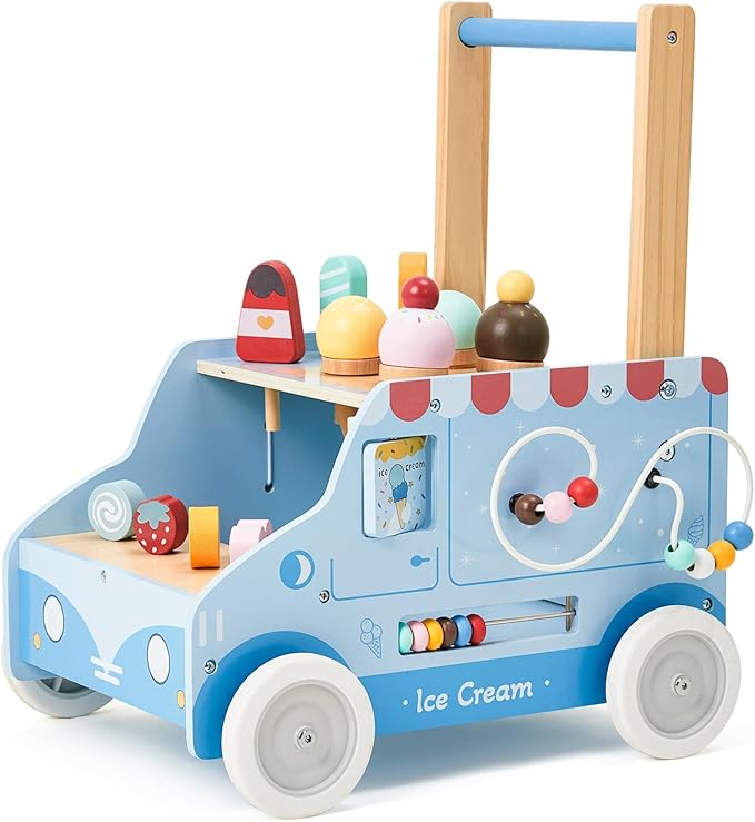 labebe Baby Push Walker, Wooden Activity Walker for Boys Girls 12M+, Push Walker Toy for Kids Learning to Walk, Adjustable Speed Learning Walking with Wheels, Birthday Gift for Babies Ages 1-3 (Blue)