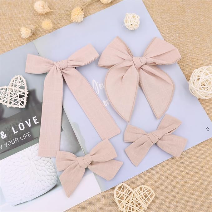 3 Styles Hair Bow Clips for Little Girls Toddler Baby Mom Women Hair Barrettes Accessories 4 Pcs Cotton Linen Bows Beige