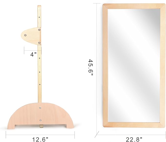 3-Position Montessori Shatterproof Safety Baby Mirror w/Pull Up Handrail, Infant Coordination Mirror Set, Kid's Classroom Furniture for Nursery, Daycare, Homeschool or Preschool (Natural Pura)