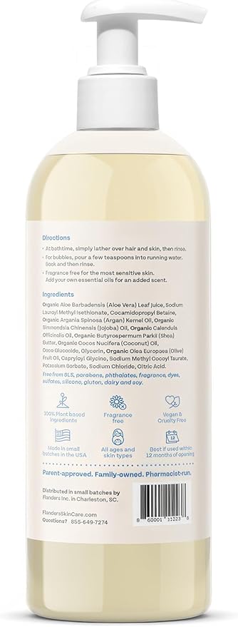 Flanders 3-in-1 Baby Bubble Bath, Shampoo & Body Wash 15oz Bottles with Pump | Tear-Free, Hypoallergenic Cleanser with Jojoba, Coconut & Argan Oil, Fragrance Free for Sensitive Skin