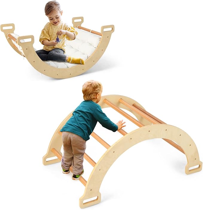 INFANS Wooden Arch Climber Rocker with Soft Cushion, 4 in 1 Montessori Climbing Ladder Toys for Toddlers, Waldorf Indoor Baby Children Ladder Gym Learning Playset Gift for Kids Boys Girls