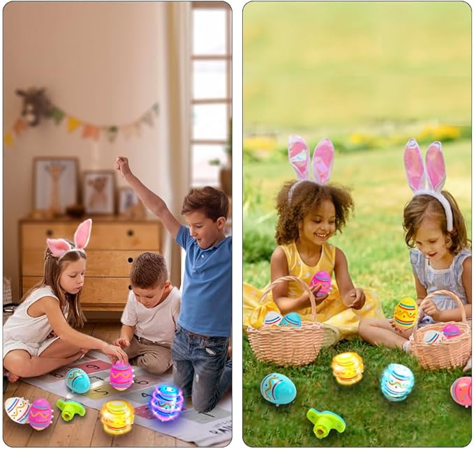 Easter Basket Stuffers for Kids-6 Packs Light Up Spinning Tops Toys with Music Easter Gifts Toys for Kids Toddlers Easter Eggs Fillers Easter Basket Essentials