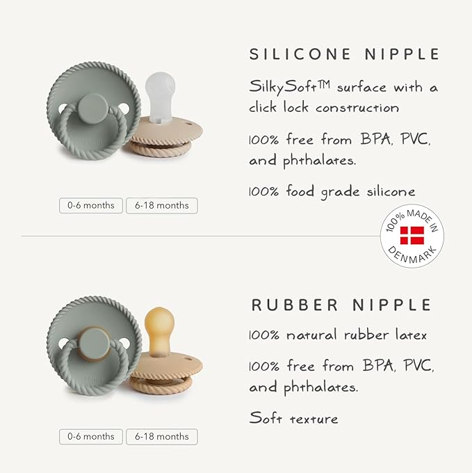 FRIGG Rope Natural Rubber Baby Pacifier | Made in Denmark | BPA-Free (Honey Gold/Portobello, 0-6 Months)