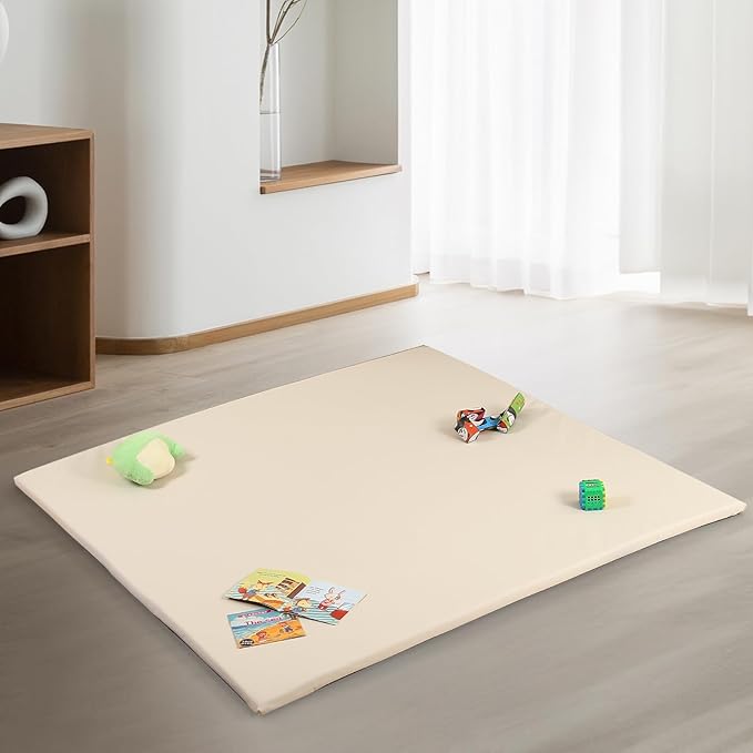 MOMCAYWEX 50"x50" Premium Baby Play Mat, Thick Memory Foam with Wipe-Clean Leather Cover, Non-Slip & Machine Washable Floor Mat for Tummy Time, Crawling and Family Bonding Time, Cream