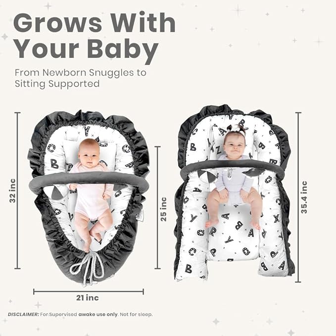 Newborn Lounger ABC - Flexible & Portable w/Infant Support Cushion, Soft & Breathable 100% Cotton - Multi-Use Supervised Baby Lounger for Floor, Travel, Changing Mat Alternative - Premium
